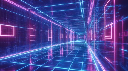 Futuristic neon corridor with glowing lines, digital architecture