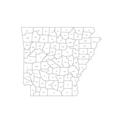  Arkansas, AR - detailed political map of US state. Administrative map divided into counties. Thin black outline map with county name labels. Vector illustration