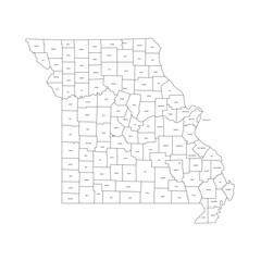  Missouri, MO - detailed political map of US state. Administrative map divided into counties. Thin black outline map with county name labels. Vector illustration