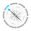 © JEGAS RA - The needle of compass points to the word electric ignoring the words gasoline. Choosing or comparing electric versus gasoline fuel powered motor vehicle concept.