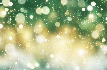 Fototapete - Abstract green and gold bokeh background with white lights, glittering confetti, and sparkles for a Christmas or New Year's card template. Shiny light effect on a blurred festive texture.