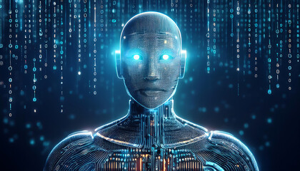 the ai robot head of the mind with binary code backround