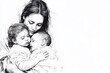 © Sergio Lucci - Loving mother embracing her two sleeping children in black and white line art drawing