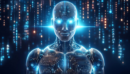 the ai robot head of the mind with binary code backround