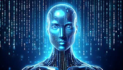 the ai robot head of the mind with binary code backround