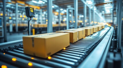 Aufkleber - Packages are smoothly transported on conveyor belts in a state of the art warehouse setting. The environment supports high volume logistics and efficient inventory management.