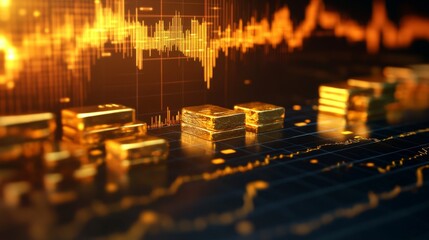 Poster - A close-up of a gold price chart displayed on a computer screen, showing fluctuating data and trends with gold bars in the background, emphasizing market analysis.