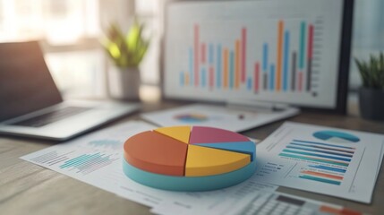 Fototapete - A digital D pie chart floating above a business desk, surrounded by financial reports and a laptop.