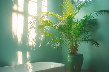 Poster - Beautiful indoor plant in a stylish bathroom with natural light illuminating the space
