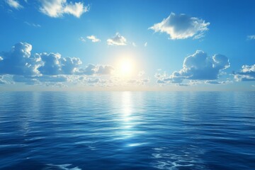 Aufkleber - Calm ocean waters reflecting sunlight under a clear blue sky with fluffy clouds at sunrise