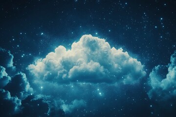 Poster - Vivid cloud illuminated against a starry night sky with deep blues and twinkling stars creating a serene atmosphere