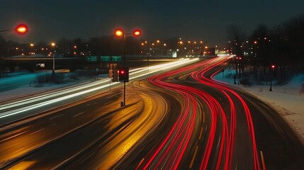 Fototapete - A long-exposure shot of a highway at night with streaks of red and white lights from moving cars.