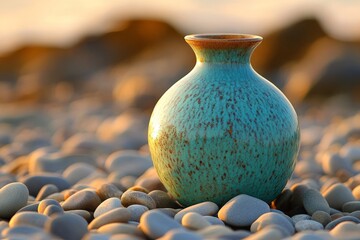 Aufkleber - Ceramic vase resting on smooth pebbles near the beach at sunset