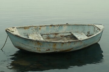  Old wooden boat resting in calm waters near the shore at dawn with soft light reflecting on the surface