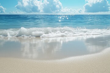 Aufkleber - Waves gently lap against the shore under a bright blue sky with fluffy clouds at a tranquil beach in midday sunlight