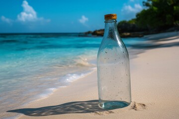 Aufkleber - Glass bottle standing on sandy beach near clear blue water under sunny sky with clouds in the background