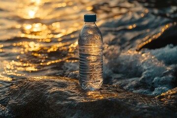 Aufkleber - Water bottle resting on a rock by the sea during sunset with waves crashing around it