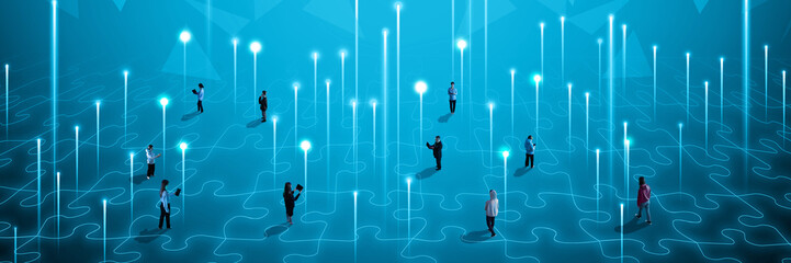 People standing on glowing puzzle grid, interacting through light signals, visualizing digital collaboration, innovation and interconnected business. Concept of networking. Collage with 6 models
