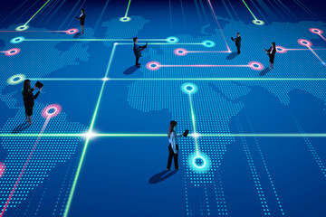 business people connected across digital world map, symbolizing innovation, global network, seamless