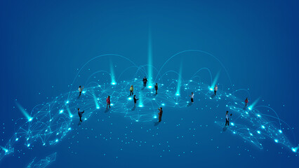 global team linked through abstract data web, demonstrating future of business communication, digita