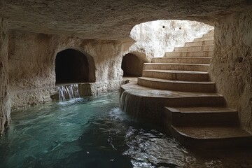 Poster - Serene underground passage with flowing water and stone steps in a natural cave environment