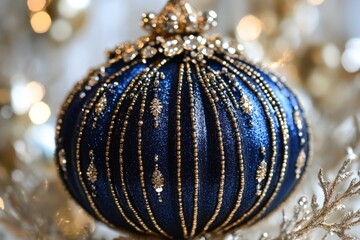 Aufkleber - Beautifully decorated blue and gold ornament displayed on a festive background during the holiday season