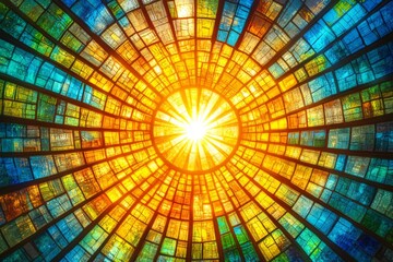 Aufkleber - Colorful stained glass ceiling radiates sunlight through intricate patterns in a historical building