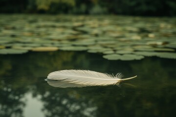 Poster - Soft feather floating gently on a serene pond surrounded by lily pads in the early morning light