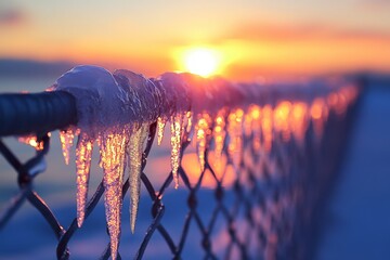 Aufkleber - Beautiful sunrise illuminates frozen icicles hanging from a chain-link fence by the water