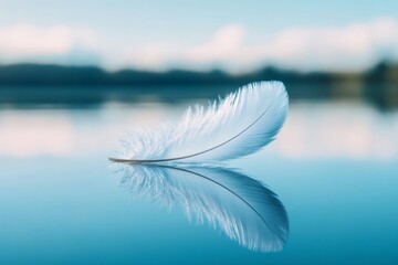 Aufkleber - Delicate feather rests on calm water surface reflecting clear sky and distant landscape in serene nature setting