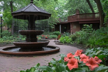 Poster - Beautiful garden fountain surrounded by blooming flowers and lush greenery in a quiet park setting during the day