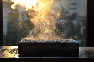 Fototapete - Steam rises from a hot surface near a window as sunlight creates a warm glow in an indoor setting