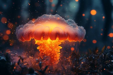 Poster - Mushroom cloud illuminated by vibrant glowing particles rises in a dark forest at twilight