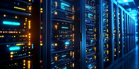 Row of network servers with glowing LED lights. Generative AI