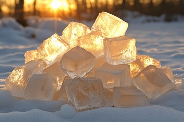 Poster - Beautiful pile of ice cubes illuminated by the warm glow of the setting sun in a snowy landscape