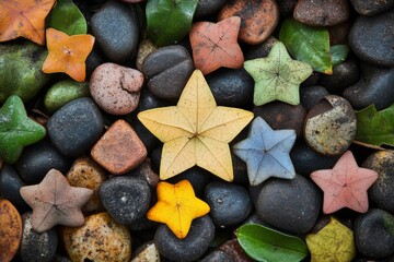 Poster - Colorful leaves arranged on dark pebbles create a striking visual display in a natural setting