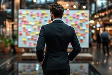 Poster - Business professional analyzes colorful sticky notes in modern office setting during brainstorming session