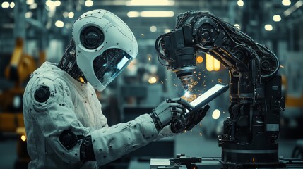 humanoid robot supervises a robotic arm performing welding task