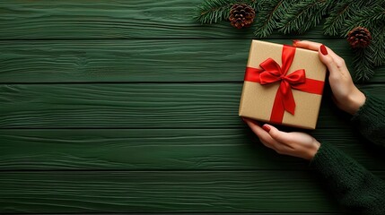 festive gift in hands adorned with pine branches on a rustic green background