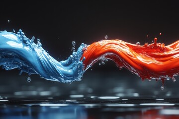 Aufkleber - Dynamic splash of blue and red liquid blending in mid-air above a reflective surface
