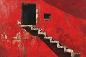 Aufkleber - Stairs leading to a door and window on a vibrant red wall during midday light