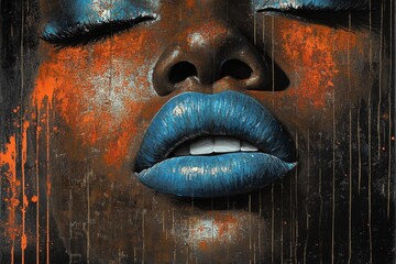 Poster - Close-up of a woman’s face with vibrant blue lips and striking features against an abstract background of orange and dark hues