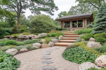 Poster - Beautiful garden pathway leading to a serene gazebo surrounded by lush greenery and rocks in a tranquil outdoor space
