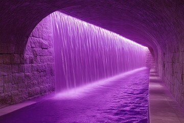 Poster - Waterfall illuminated with purple lighting flows through a stone tunnel in an artistic installation