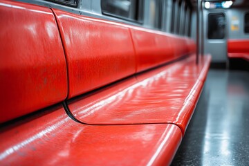 Aufkleber - Bright red seats in an empty subway train during early morning commute