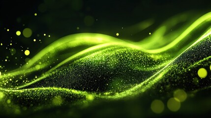 Aufkleber - Abstract neon green waves with glowing particles on dark background for futuristic digital art design