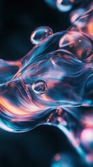 Poster - Flowing wave with water drops in a dreamy abstract composition illuminated by soft light in blue and orange hues