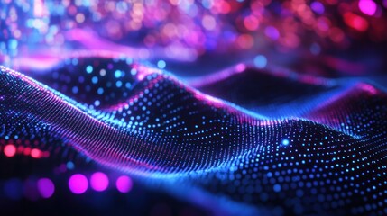Poster - Digital abstract landscape formed by connected blue and pink dots futuristic wave dynamic and elegant visualization technological background