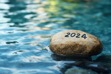 Aufkleber - Rock with 2024 engraved rests in calm water reflecting a serene environment during daylight