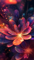 Poster - Digital floral bloom with glowing dots vivid gradients and flowing lines for ethereal abstract art